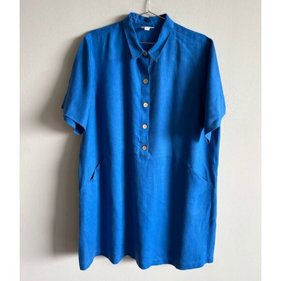 J Jill Womens Button Up Collared Short Sleeve 100% Linen Dress Blue Size M - Picture 1 of 9